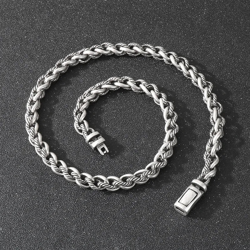 Men's titanium steel chain necklace with large hemp flower links in antique silver finish