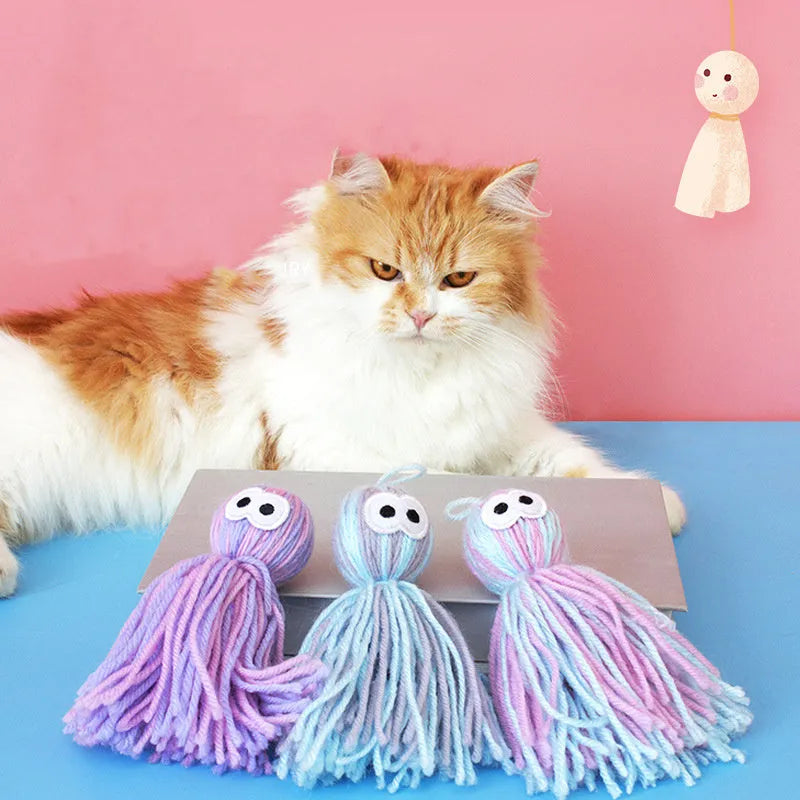 Hanging cat toy with wool ball and teaser stick in multiple colour options