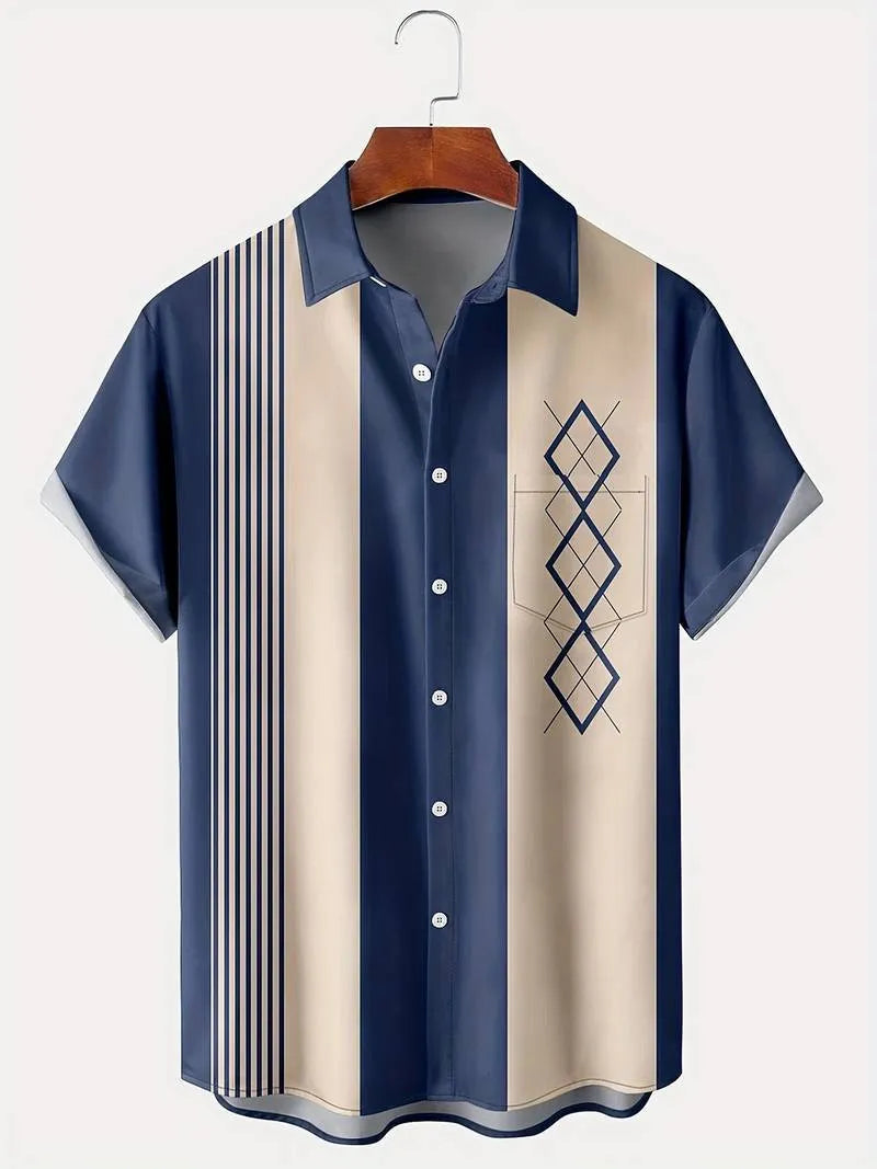 Men's plaid short-sleeve shirt cardigan with contrast lapel in elastic polyester fabric