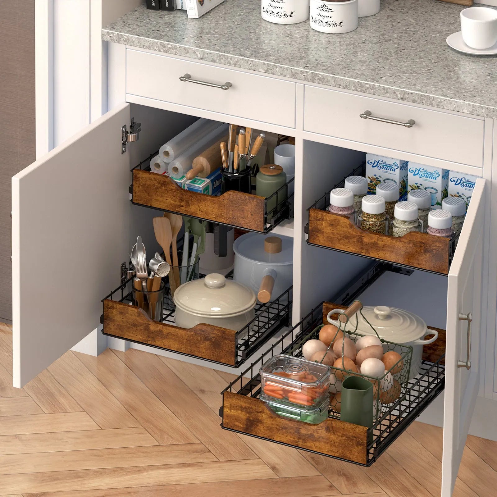 Black household storage basket drawer with wood iron construction and pull basket mechanism