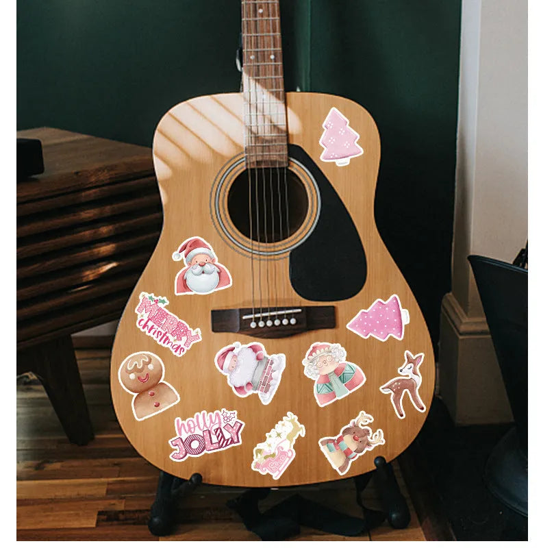 Pack of 50 cute Christmas-themed waterproof stickers in sizes from 4cm to 8cm.