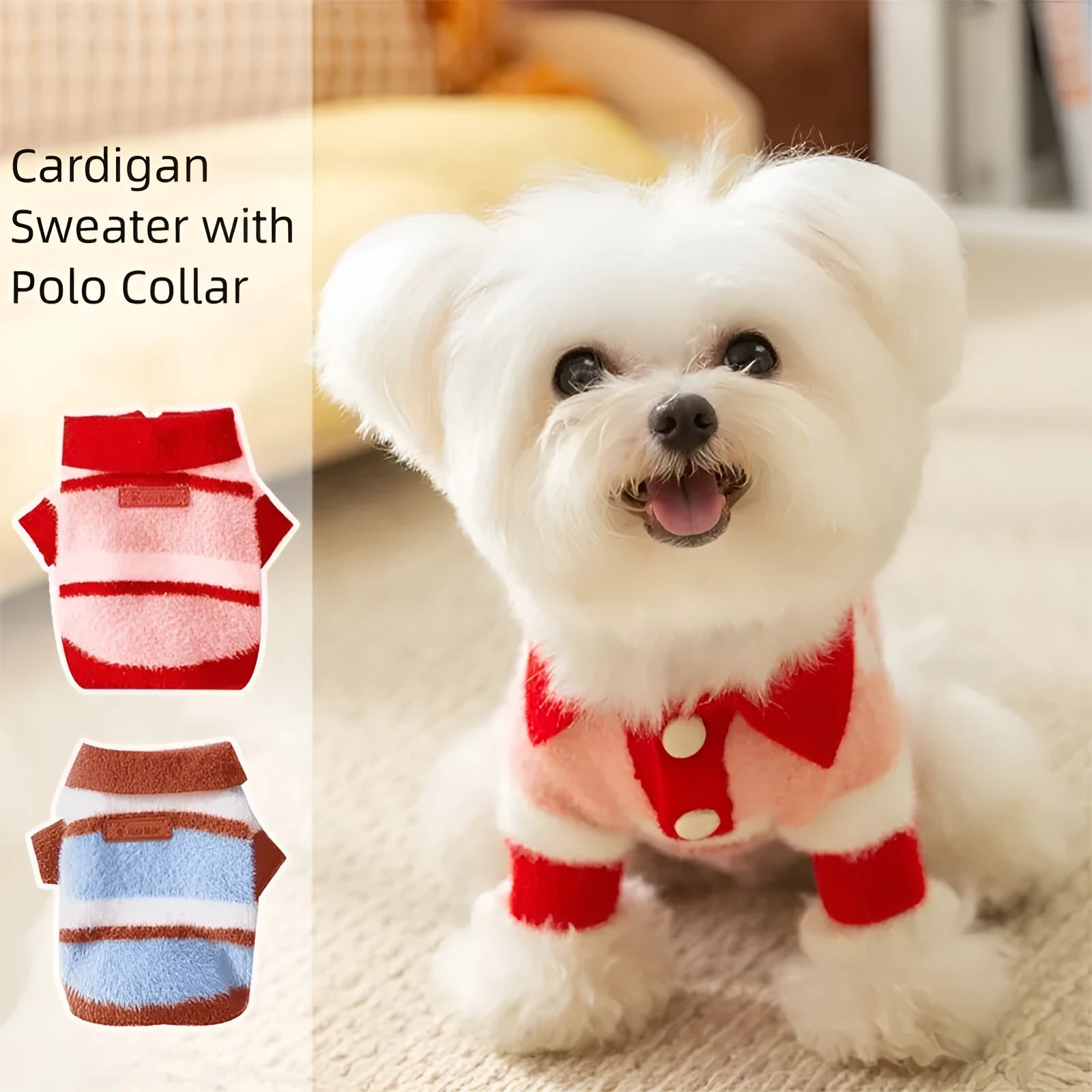 Polo collar pet cardigan for small dogs, soft striped knitted fabric, two-legged design, blue and brown stripes
