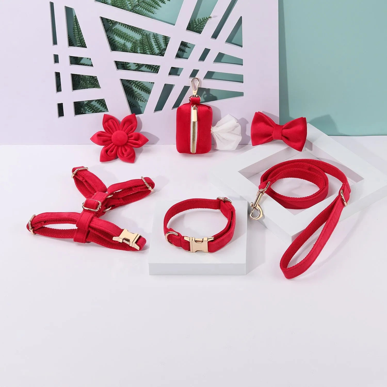 Classic velvet dog collar and matching traction rope set with bow tie and flower decoration.