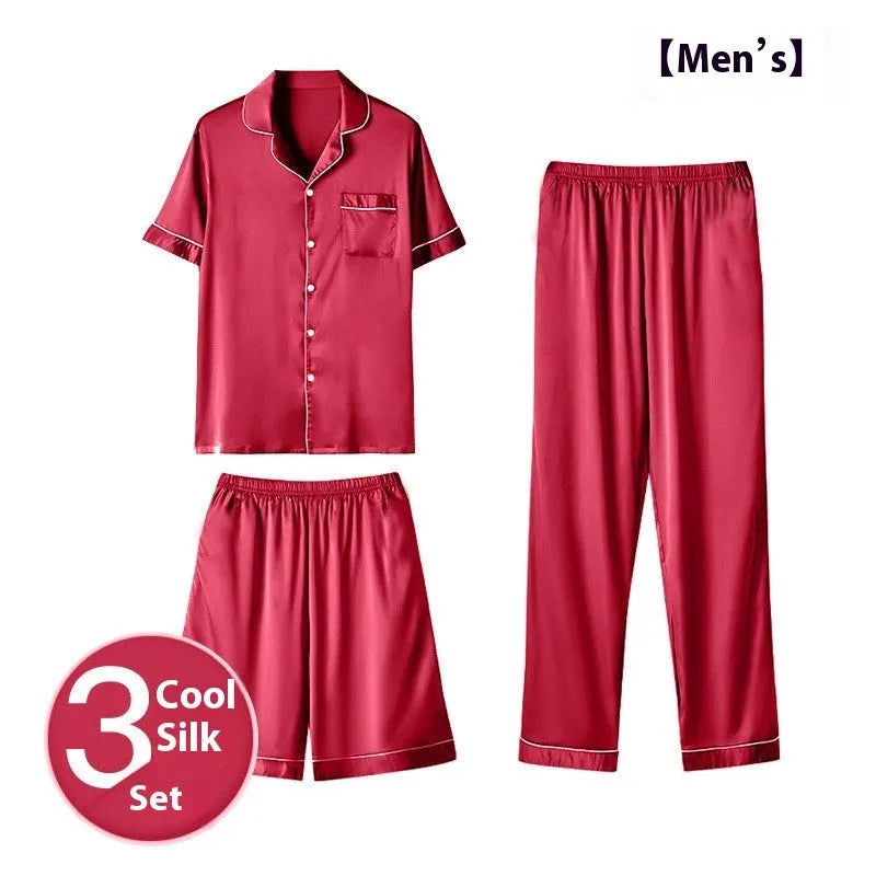 Men's ice silk three-piece homewear suit in a choice of colours including black, blue and champagne.