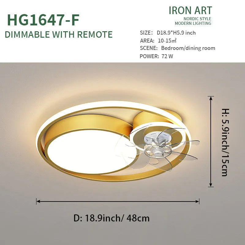 Nordic style 48cm ceiling fan light with metal blades and acrylic lampshade in black or gold finish.