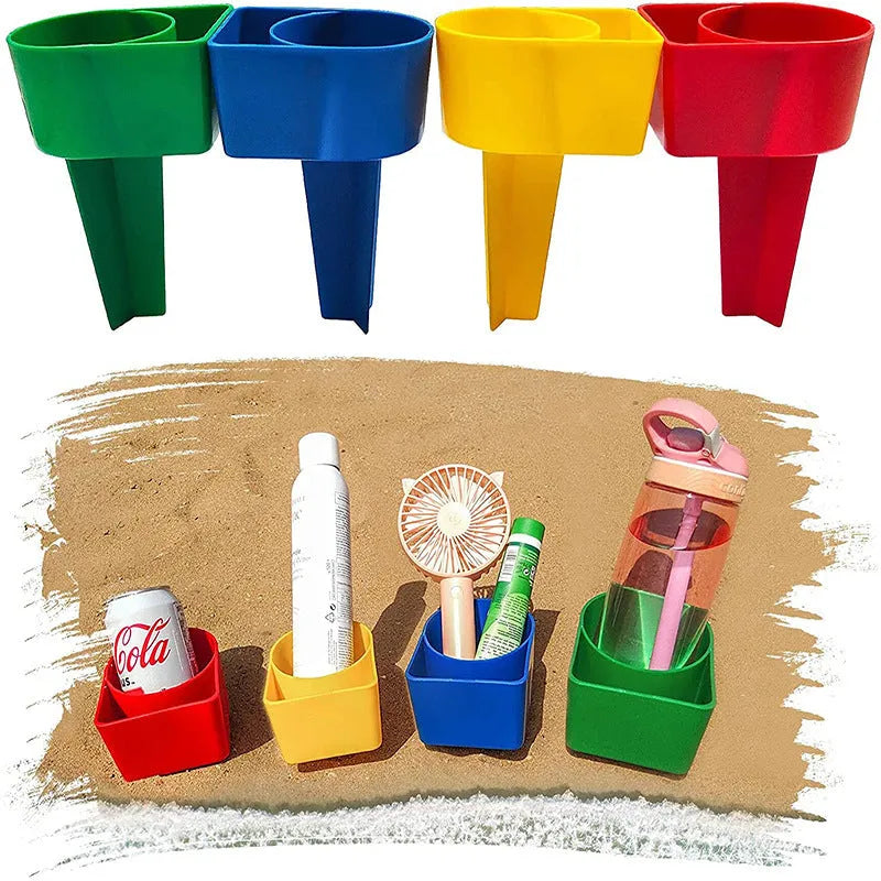 Plastic canopy cup and phone holder in green, 20x14cm, on a beach shelter frame