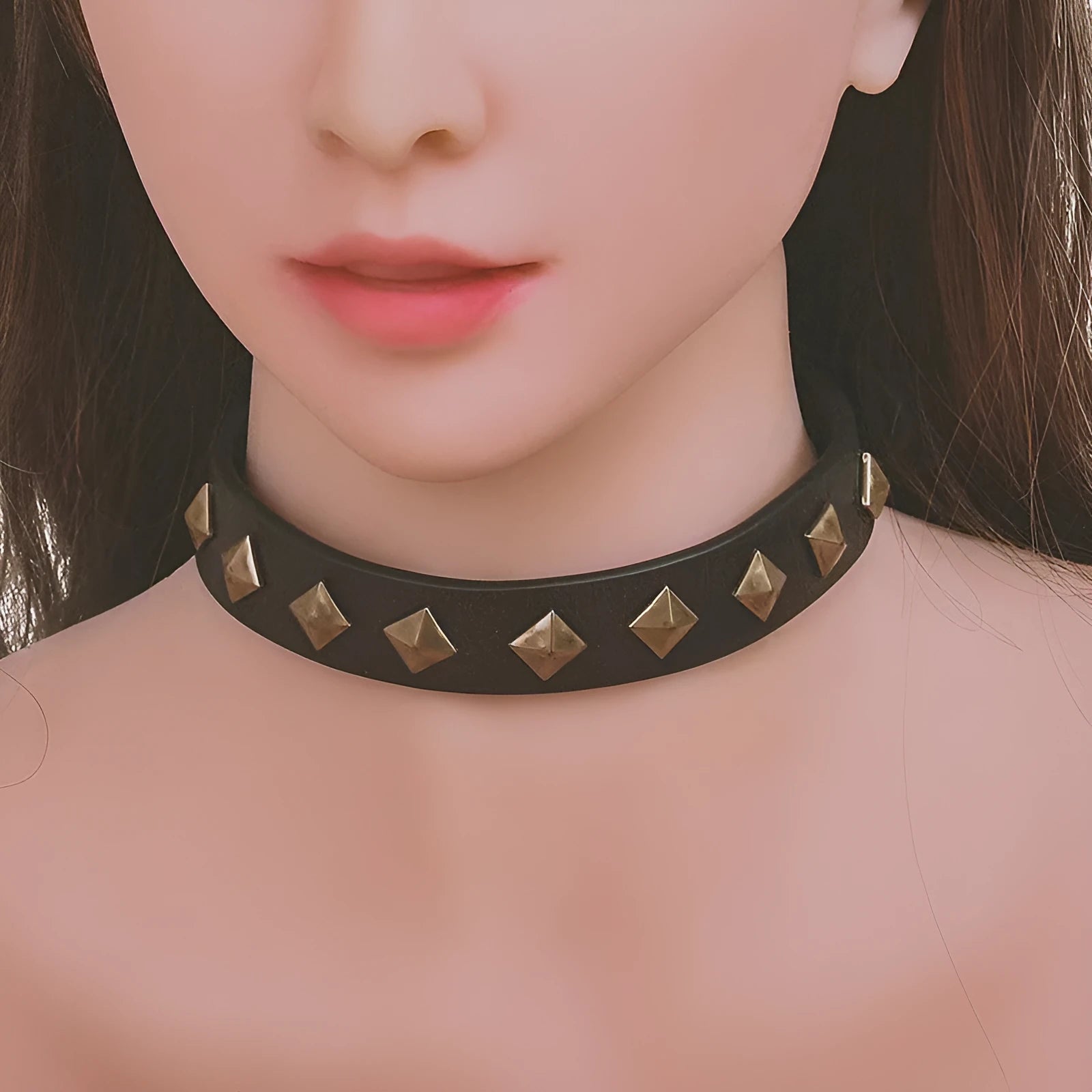 Bronze cowhide leather collar with rivets for punk retro style