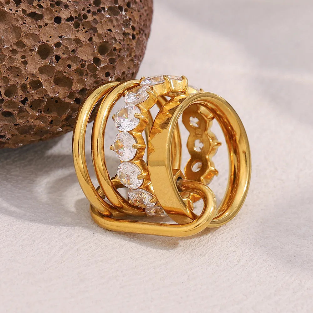 Gold multi-layer zircon ring for women in stainless steel, retro style, size No 6 or No 7