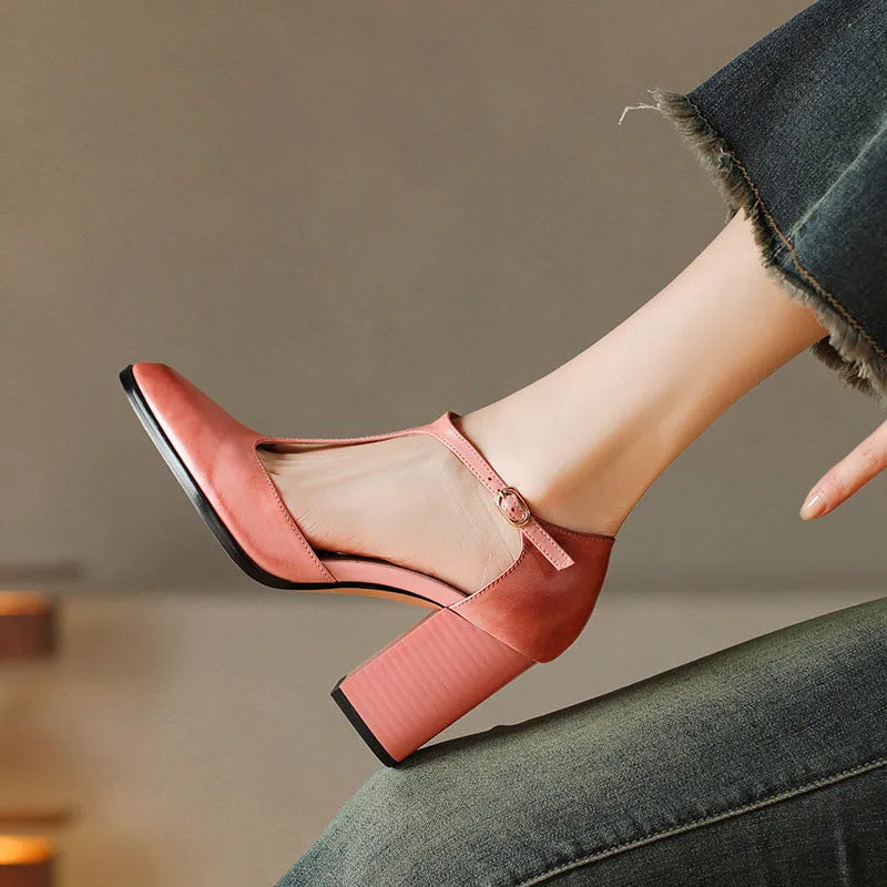 Women's retro pointed toe Mary Jane shoes with hollow baotou design and buckle closure in dark brown and pink colours