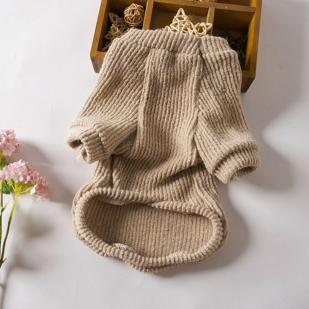 Brown cloth dog sweater pullover on a small dog, showing casual fit.