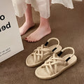 Braided hemp rope sandals for women, black, lightweight non-slip rubber sole, PU upper, round toe casual flat