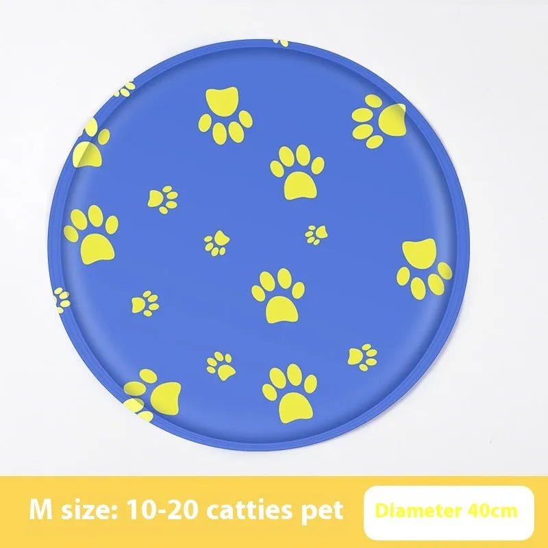 Round pet cooling mat with blue polar bear cartoon design on soft cloth fabric for dogs.