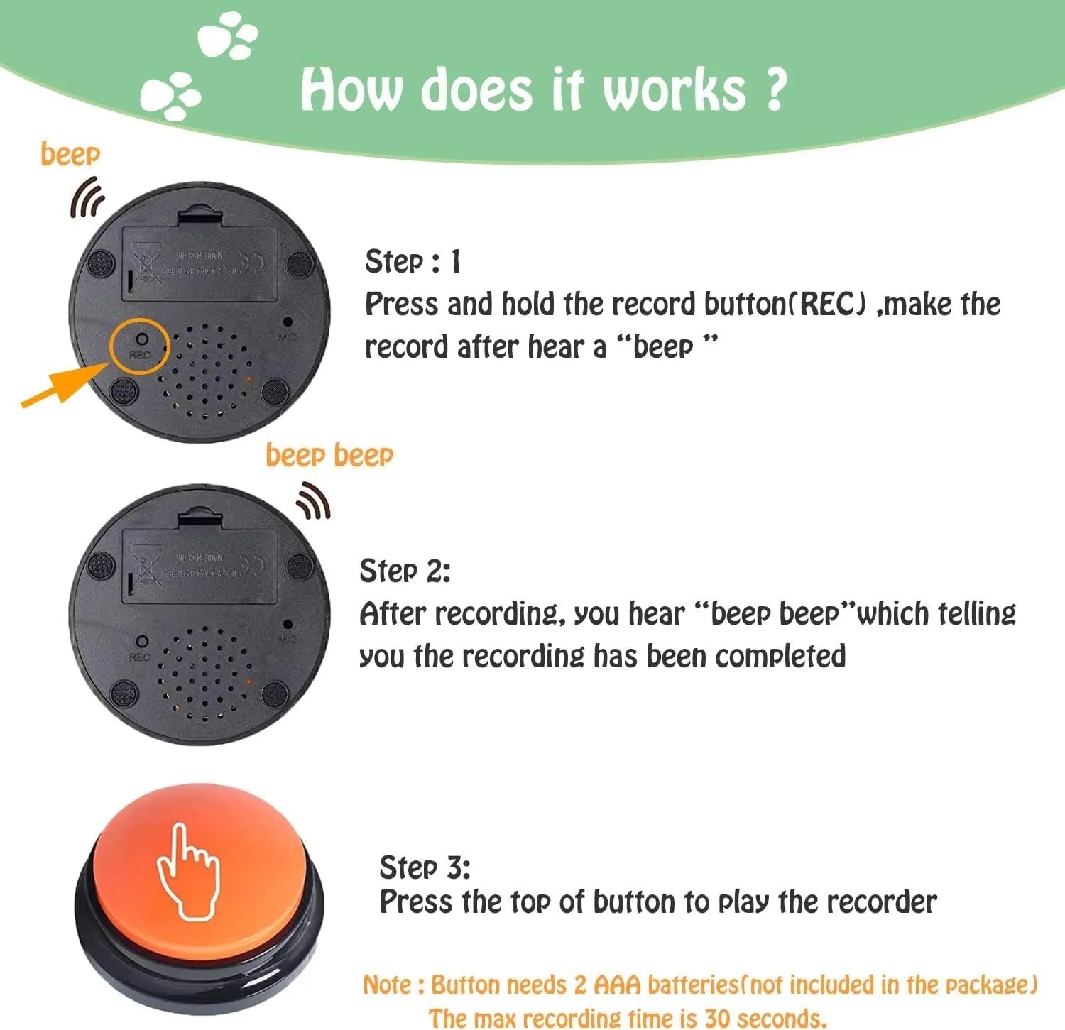 Voice recording pet training button in blue, green, orange, purple, or red with record and playback buttons