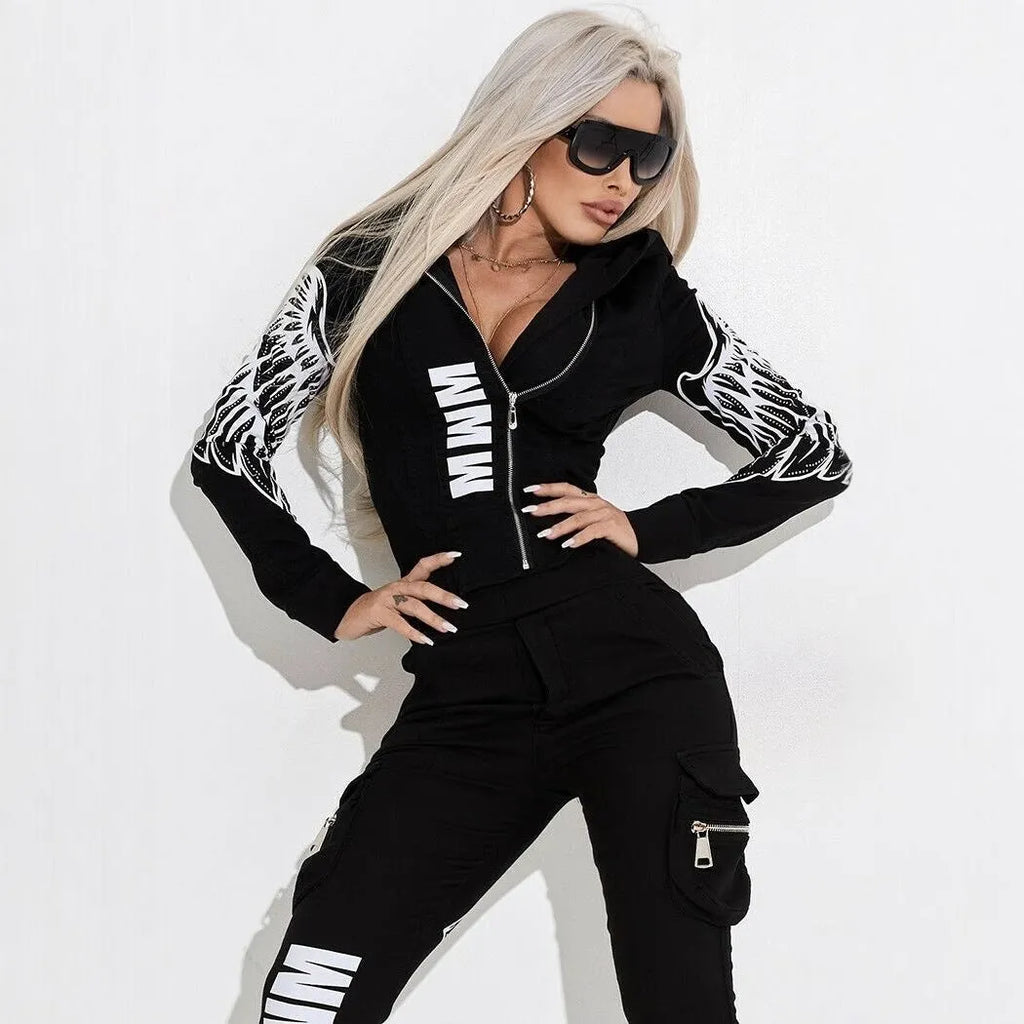 Black women's casual suit with wings printing design showing hooded zipper top and trousers