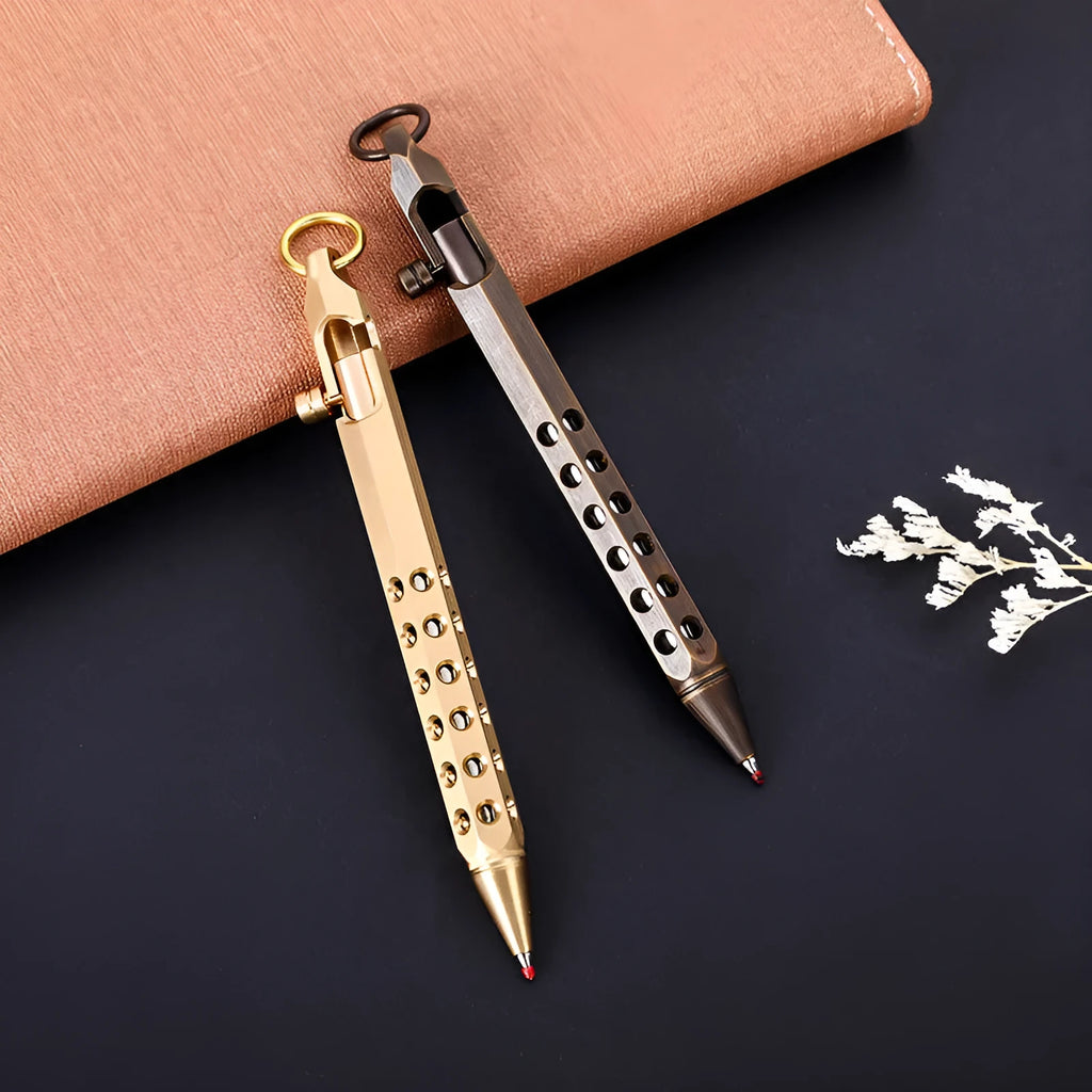 Brass hexagonal retro rollerball pen with 6-angle barrel design and 0.5mm writing tip