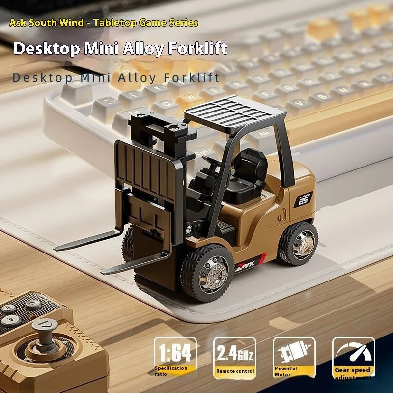 A blue 1:64 scale alloy remote control forklift model with a cargo hook and pallet on a table.