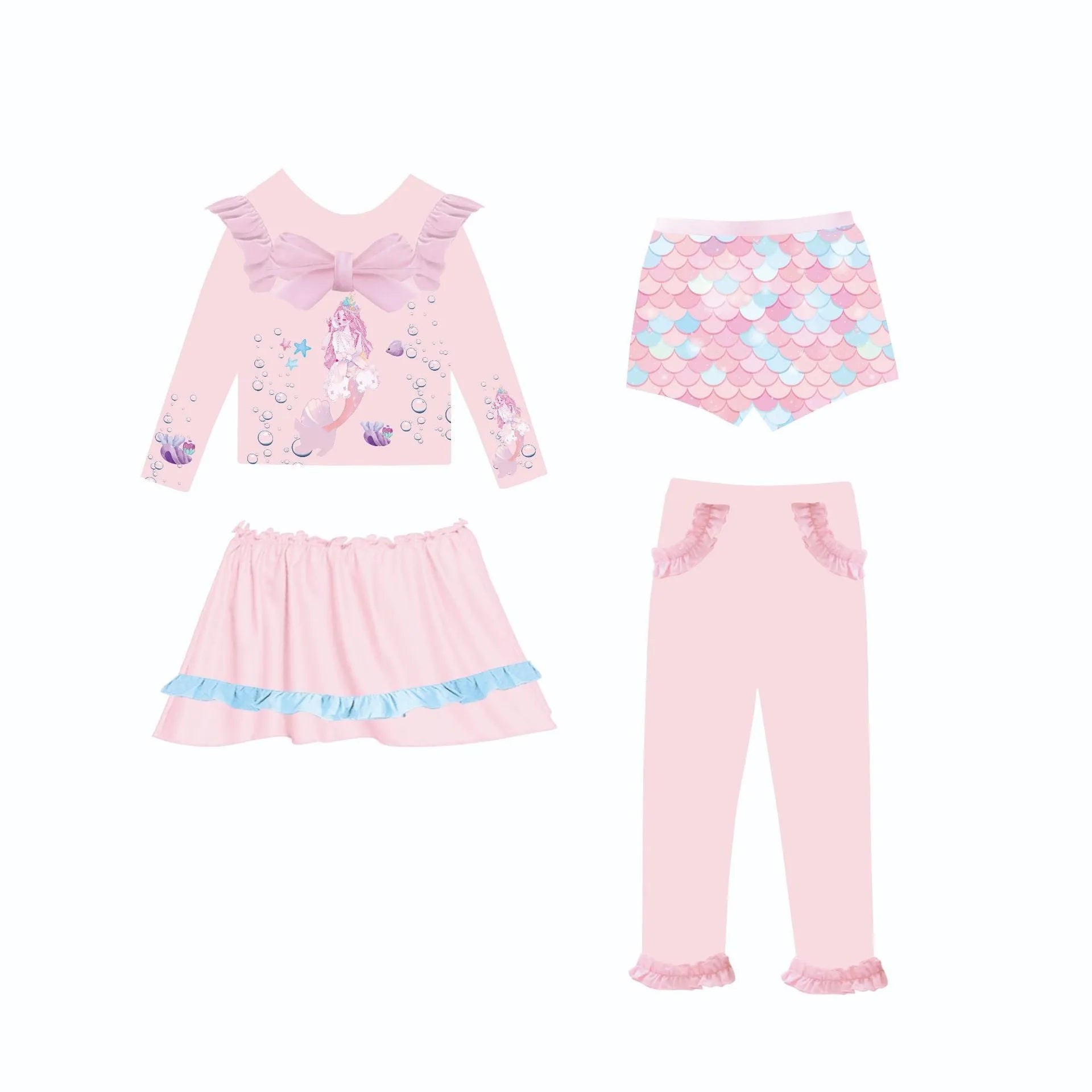 Girl's gilded colour print mermaid swimsuit set with top, skirt, trousers, and shorts