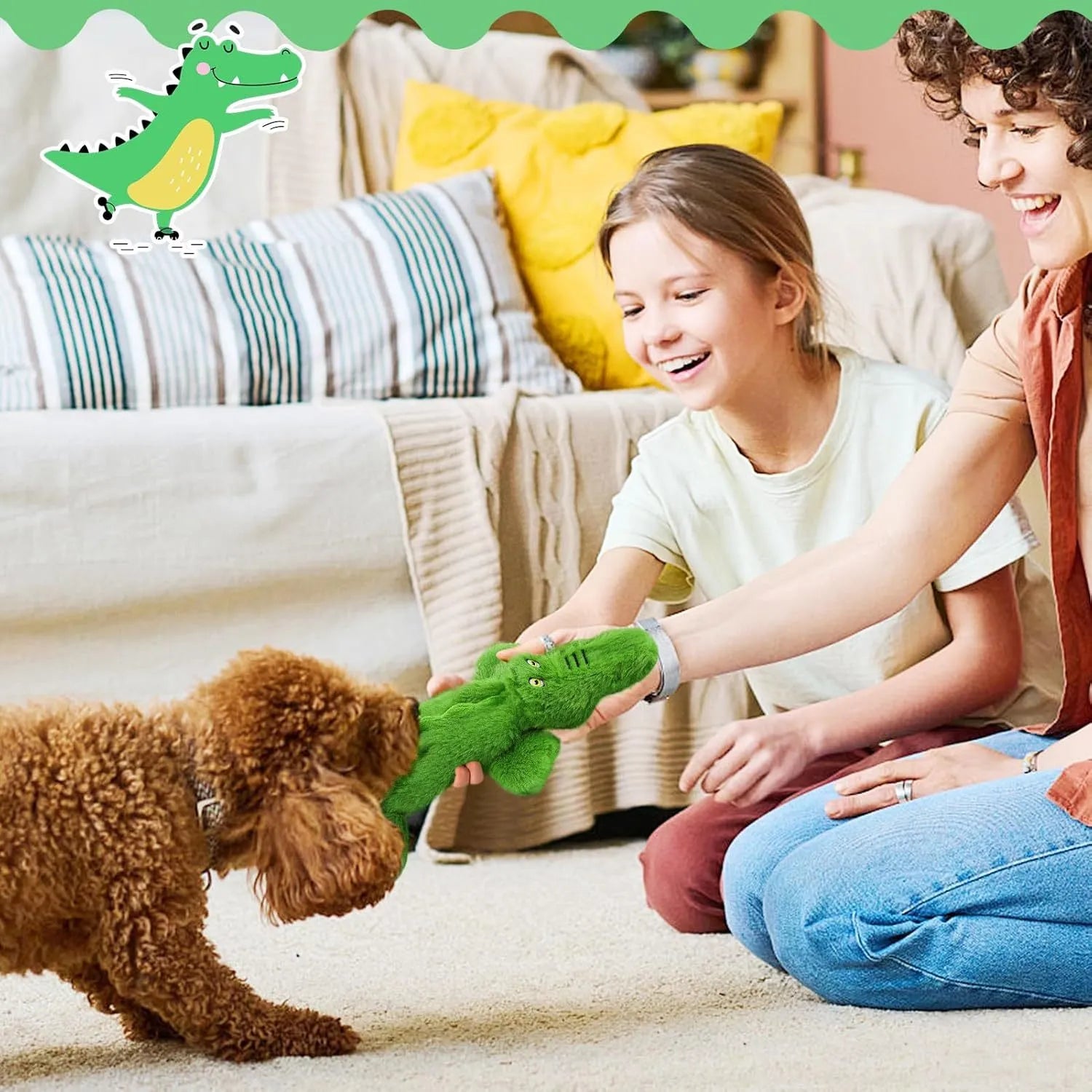 Green crocodile plush dog toy with no stuffing for aggressive chewers
