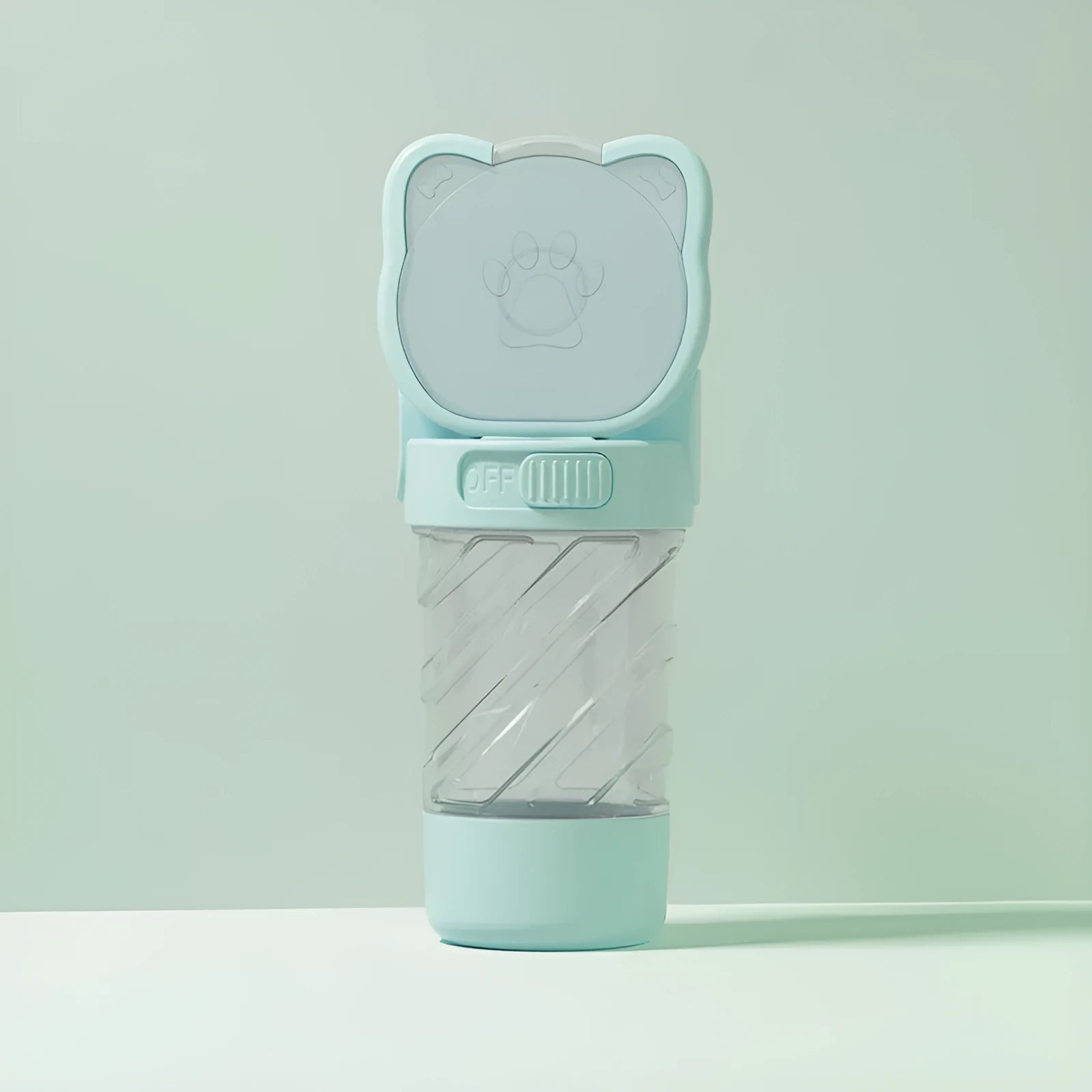 3-in-1 portable pet water bottle with food container and waste bag dispenser in green pink white colours