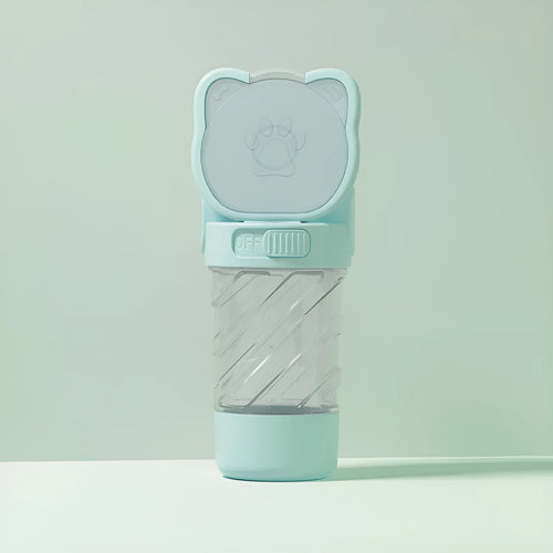 3-in-1 portable pet water bottle with food container and waste bag dispenser in green pink white colours