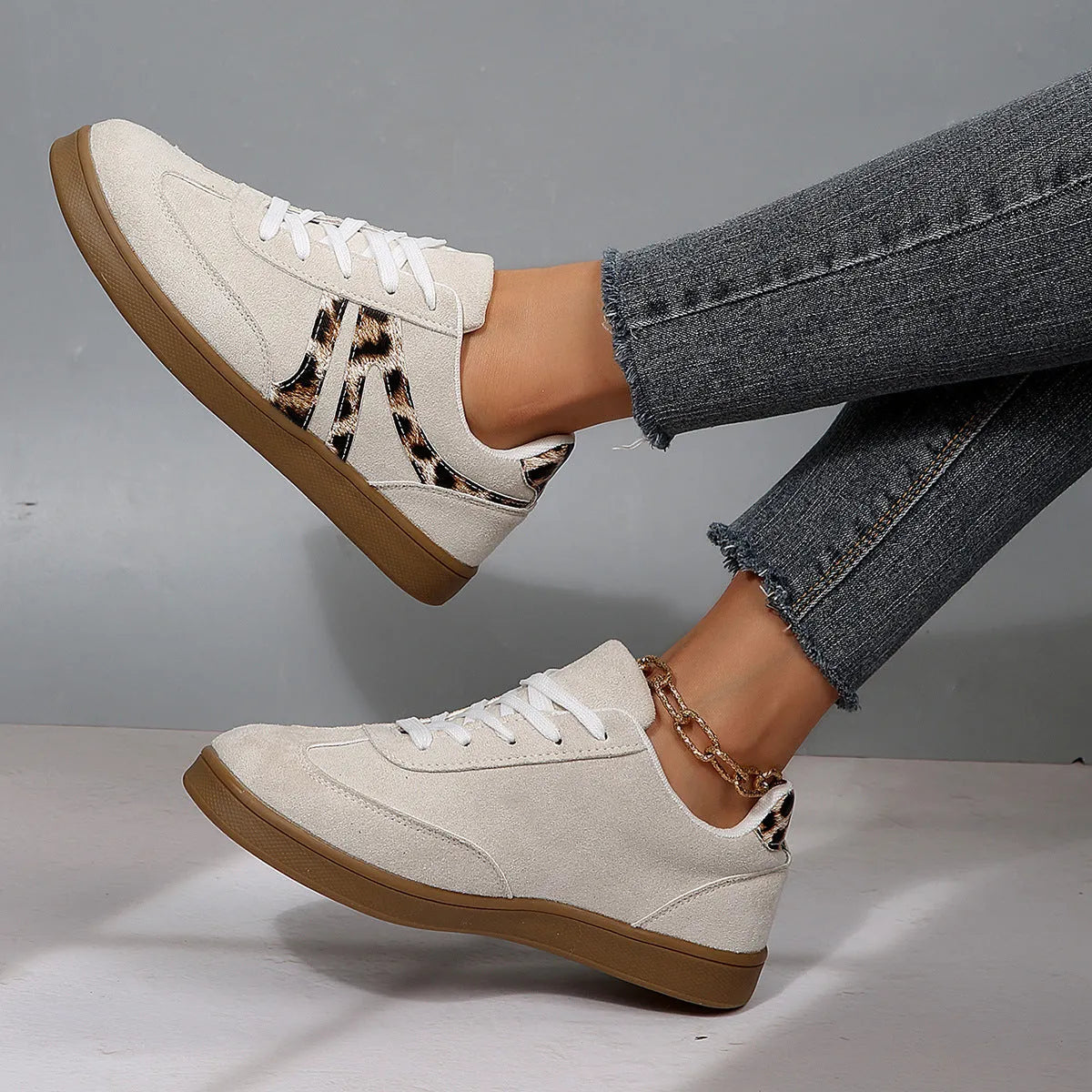 Women's vintage leopard print board shoes with PU upper, flat heel, and round toe in beige and black colours