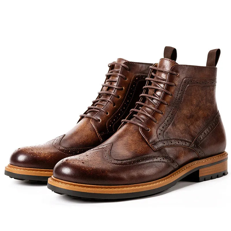 Men's casual leather round toe Martin boots in black patent finish with rubber sole