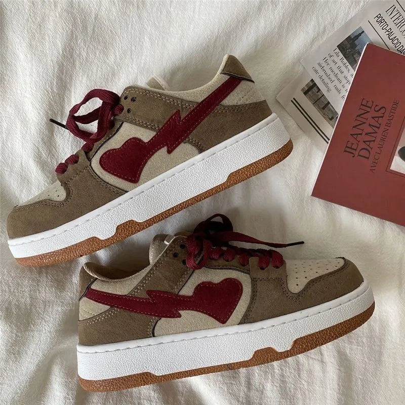 Brown women's casual sneakers with big head bread design, mid heel, round toe, and front lace-up fastening