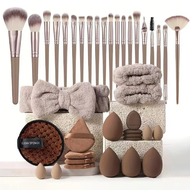 Hydrophilic non-latex beauty tools set with brushes in brown, pink, and purple colours for face washing and makeup