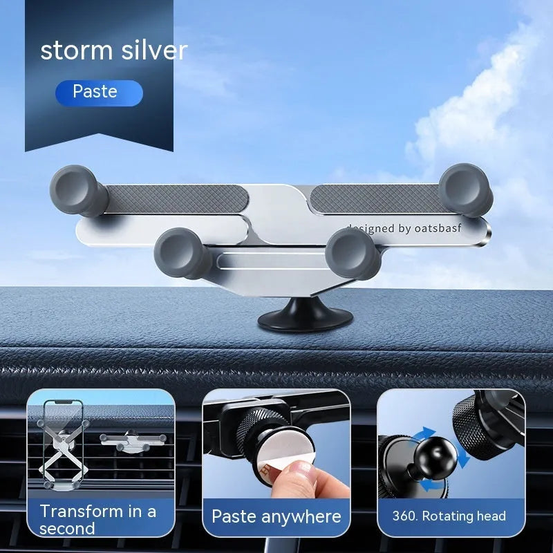 Silver aluminum alloy car air vent phone holder bracket with snap-on clip.
