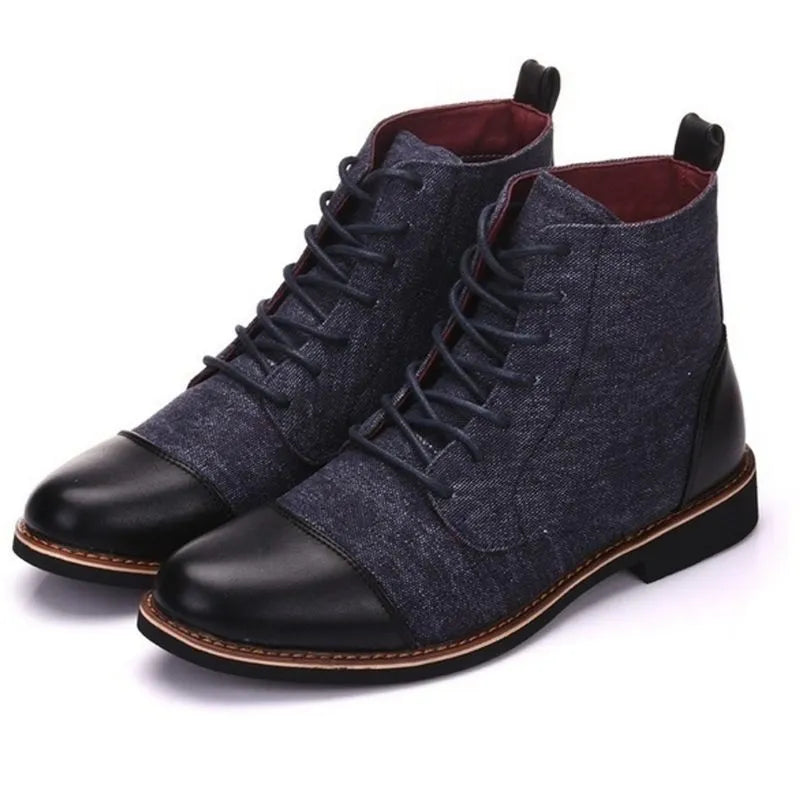 Men's black leather motorcycle boots with silver belt buckle details on the shaft