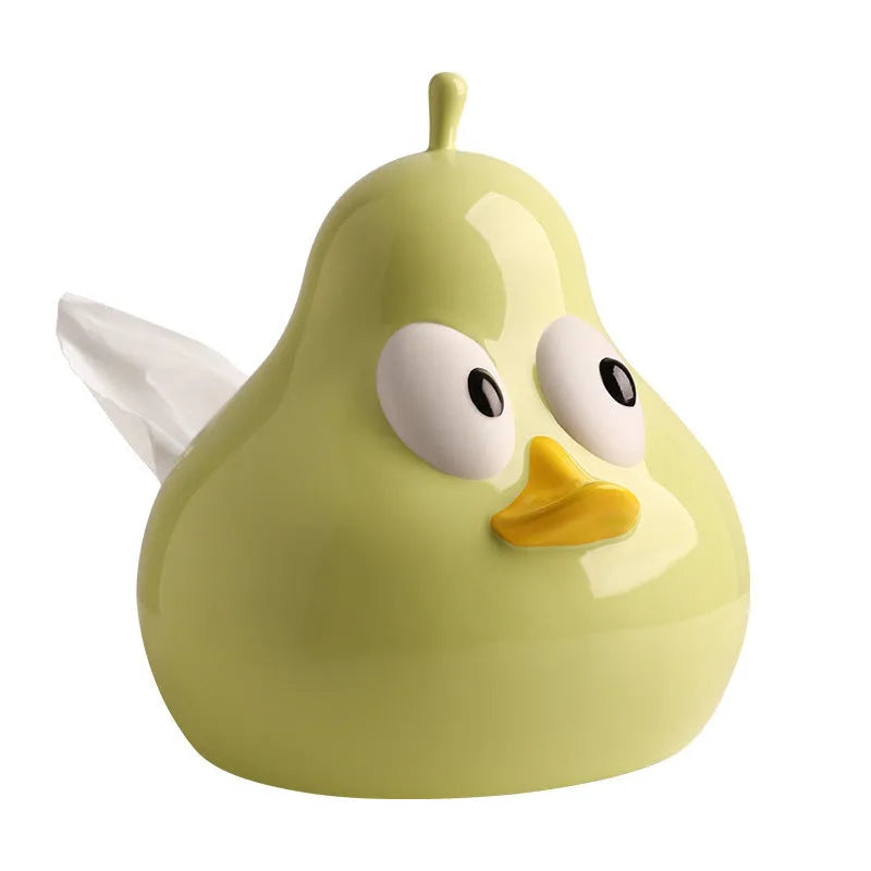 White ceramic pear shaped tissue box holder with cute animal design in green colour option