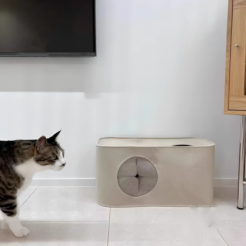 Foldable grey felt cat bed nest shown in both unfolded sleeping position and folded storage position