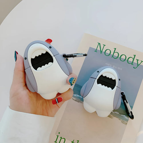 Silicone protective case cover for Apple Airpods 1 and 2 with shark fin accessory attached.