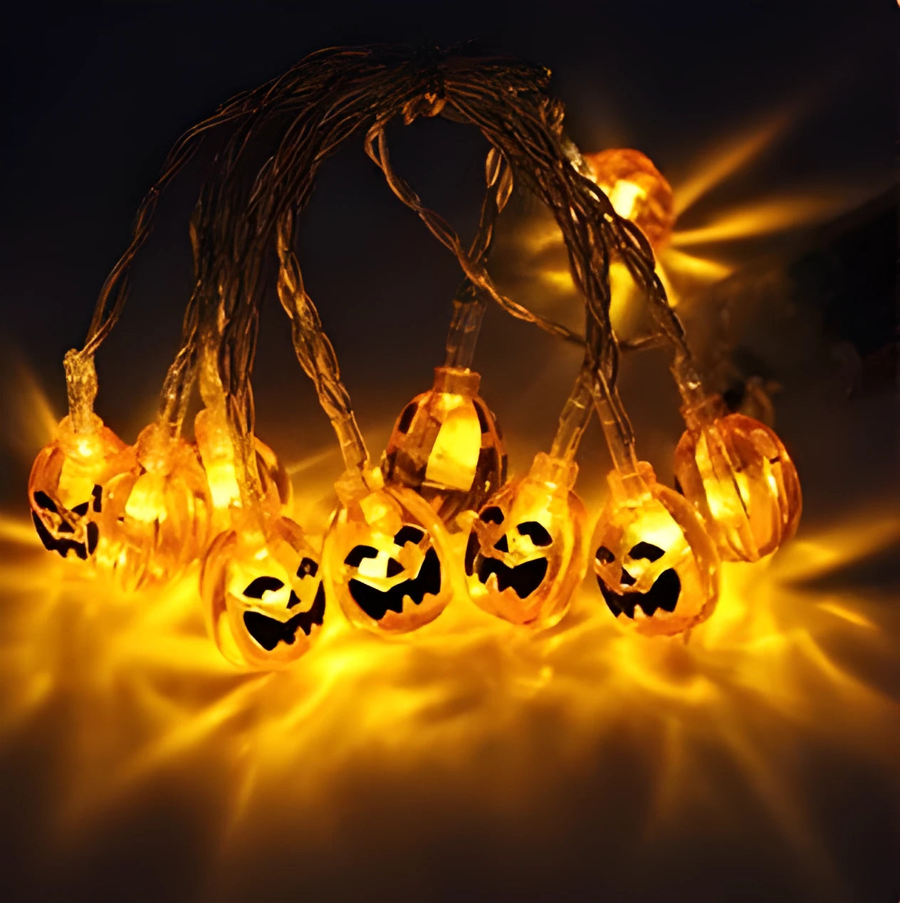 Halloween LED string lights with pumpkin, ghost and bat pendants on 1.2 metre white cord