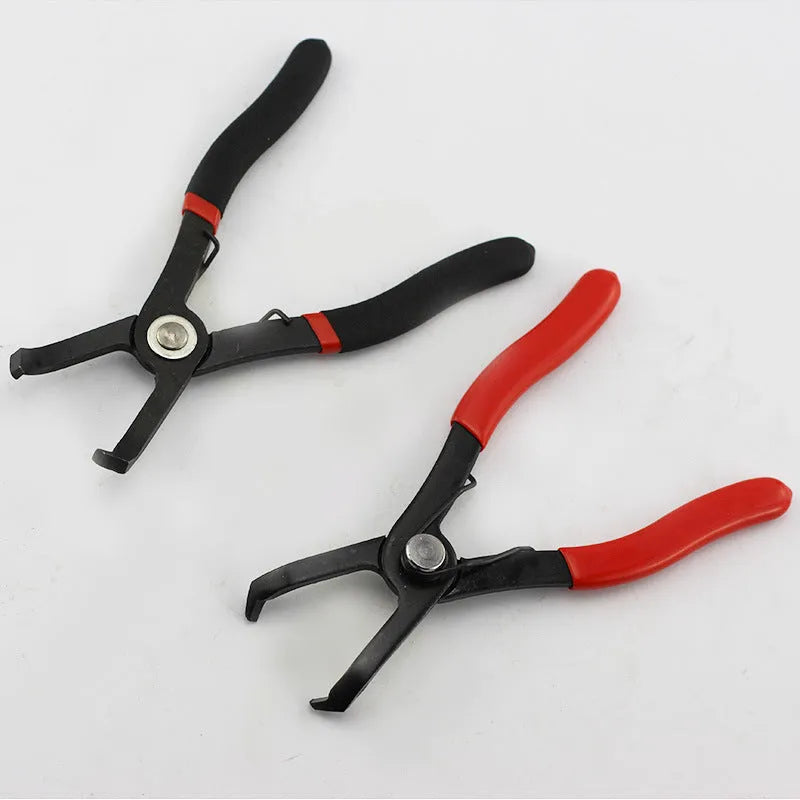 Red round nail removal pliers with PVC handles for automotive door panel and trim work