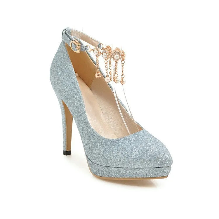 Blue women's platform high heels with a stiletto heel and special fabric upper.