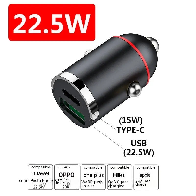 Black zinc alloy car charger with USB port, showing compact dimensions for vehicle use.