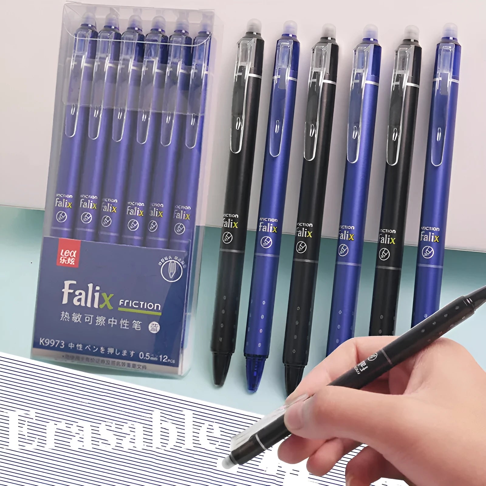 Hot Erasable 0.5mm gel pen with plastic shell and push mechanism in blue or black ink options