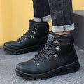 Men's winter high-top cotton boots in black, first layer cowhide leather, velvet lining, rubber sole, lace-up style