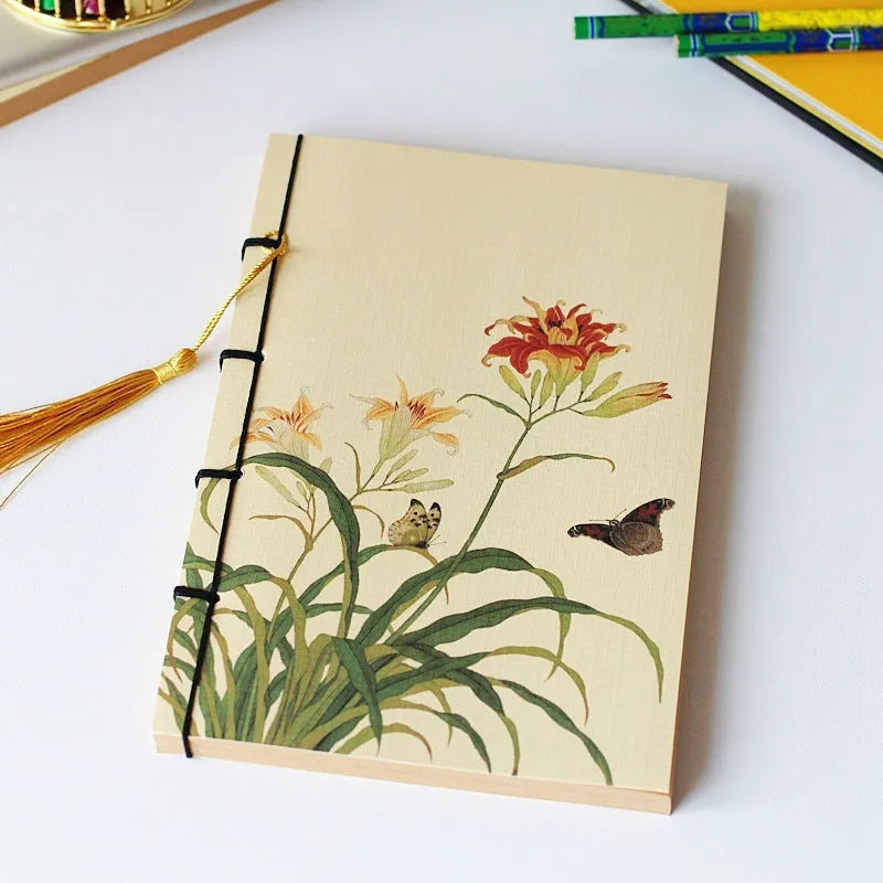 A5 antique wire-bound notebook with retro painting cover, wax rope binding, and tassels