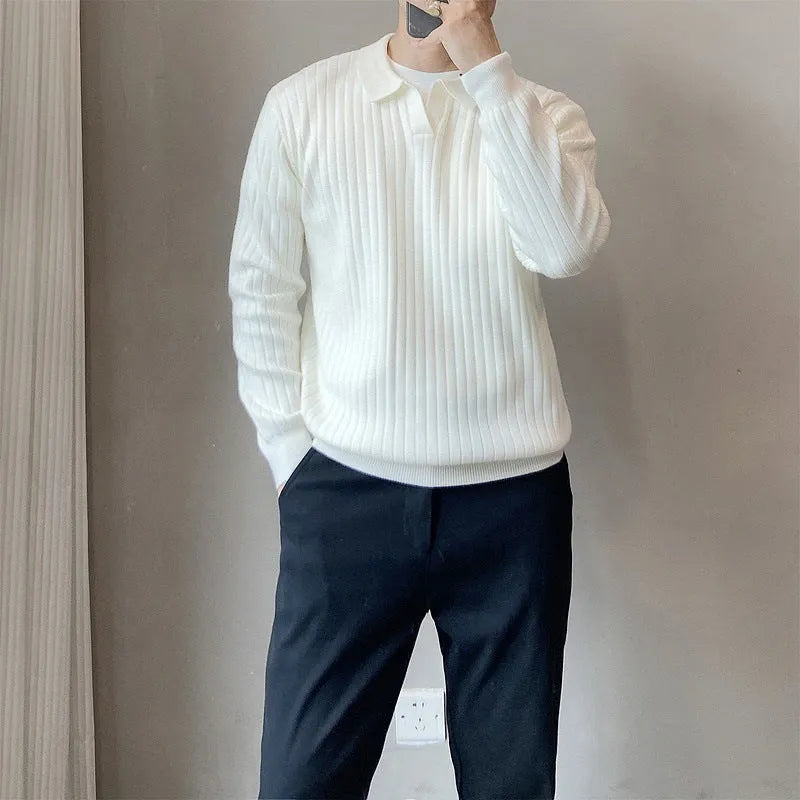 Men's grey striped knitted sweater with a lapel collar, shown in a loose fit.