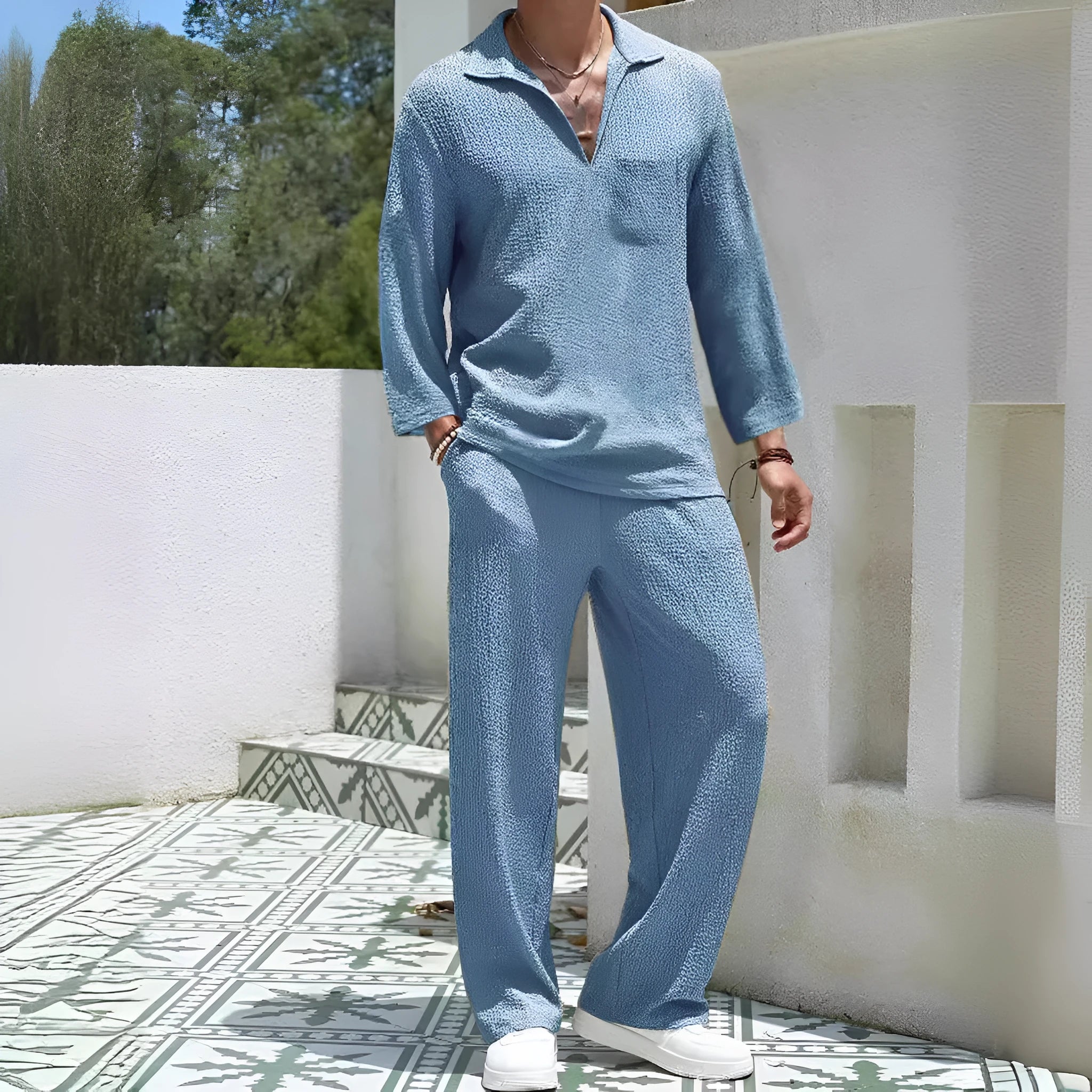 Men's casual polyester shirt and trousers set in lake blue, shown as a co-ordinated autumn leisure outfit.