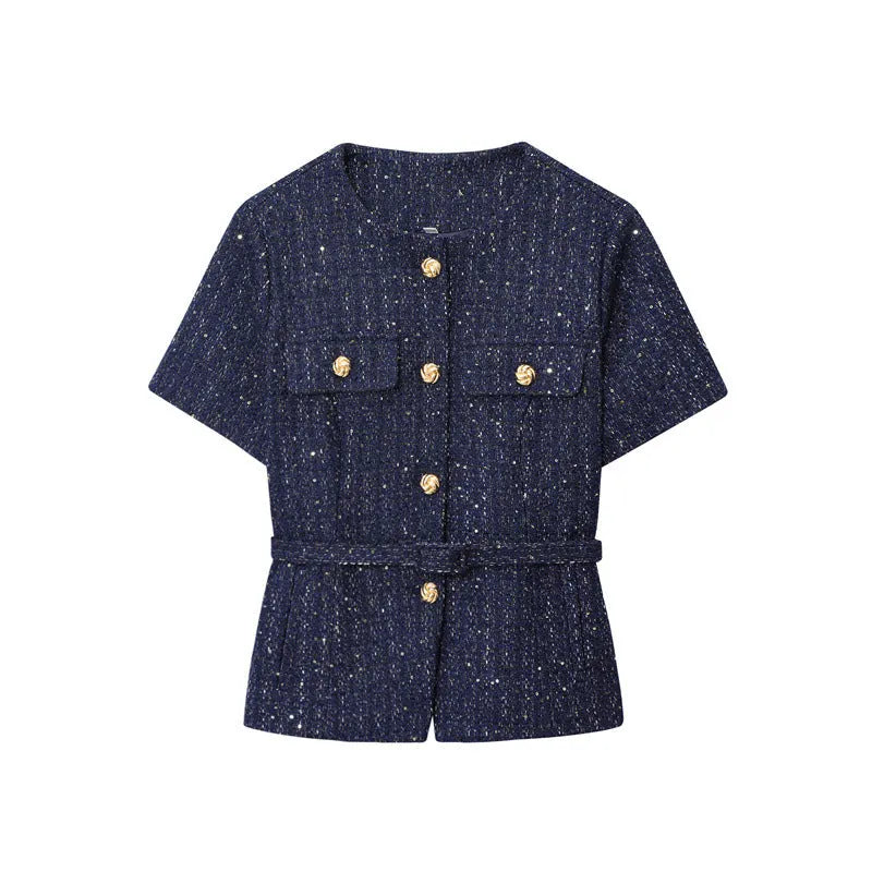 Women's A-line vest with belt texture in solid colour polyester, available in Navy Blue and Black sizes XS to L
