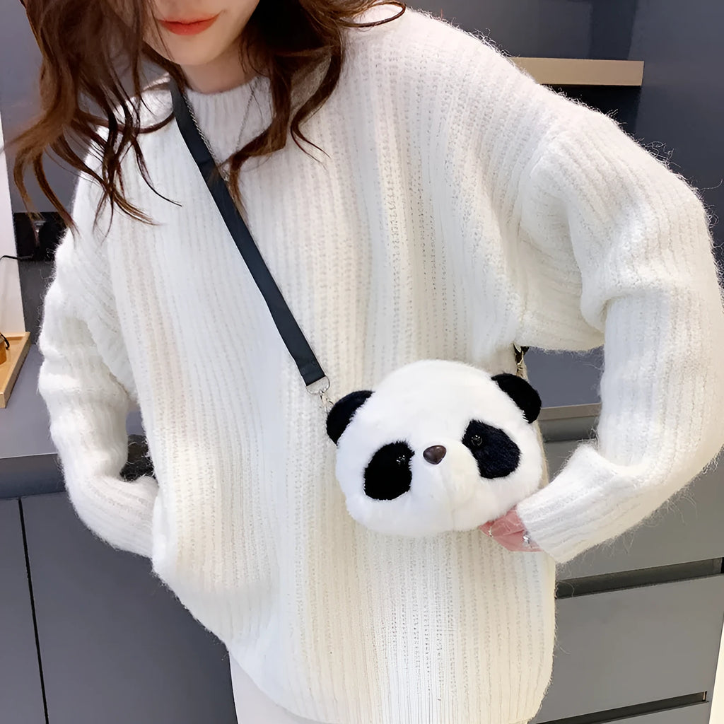 Cute plush crossbody bag with panda head design, cylindrical shape measuring 18×15×8cm