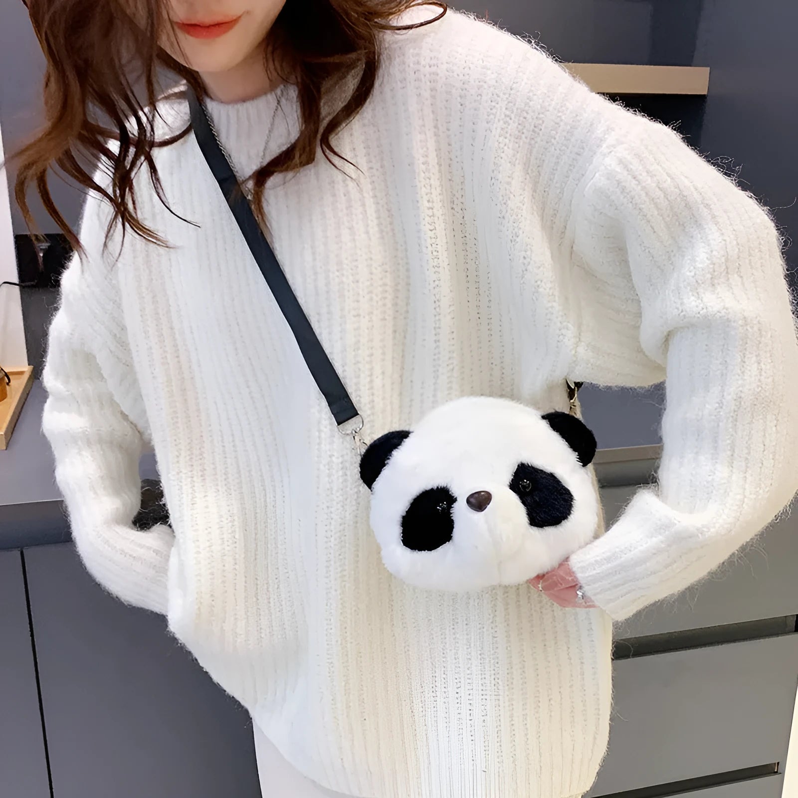 Cute plush crossbody bag with panda head design, cylindrical shape measuring 18×15×8cm
