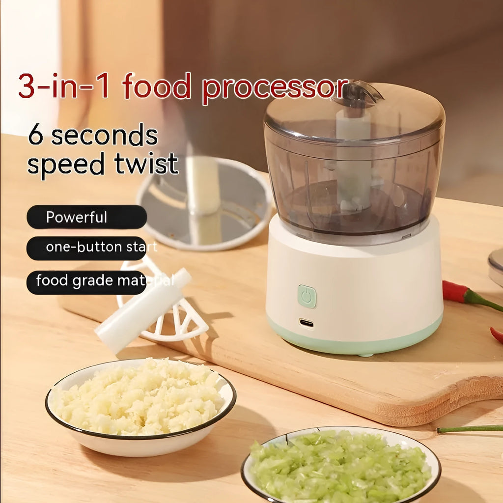 Mini electric meat grinder with transparent cup and stainless steel blade in light green or white