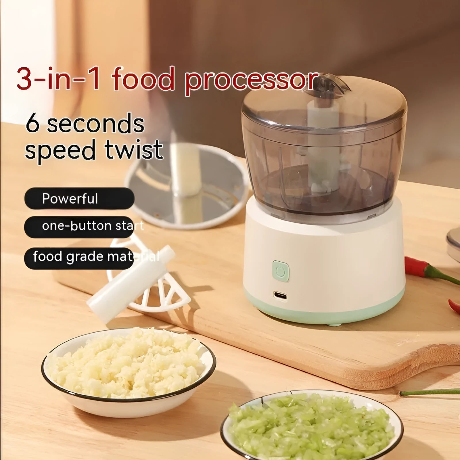 Mini electric meat grinder with transparent cup and stainless steel blade in light green or white