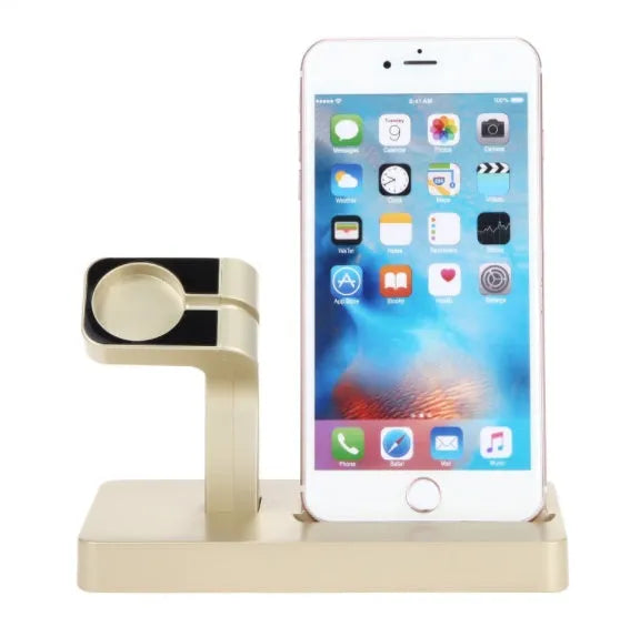 White 2-in-1 desktop charging dock holding an iPhone and an Apple Watch for simultaneous charging.