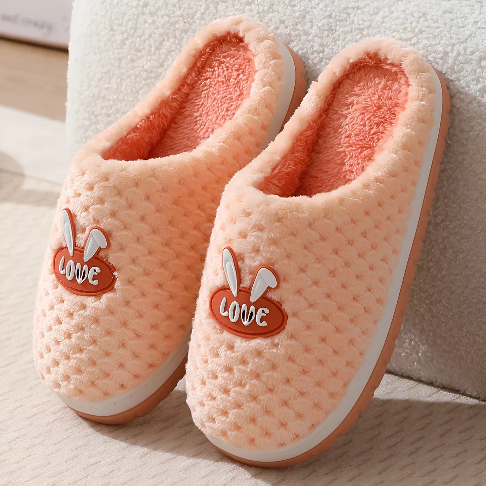 Women's plush rabbit plaid house slipper with thick sole, shown in a solid colour option.