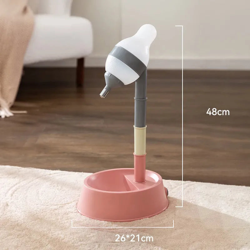 Green adjustable standing water dispenser for pets with detachable pole and weighted base.